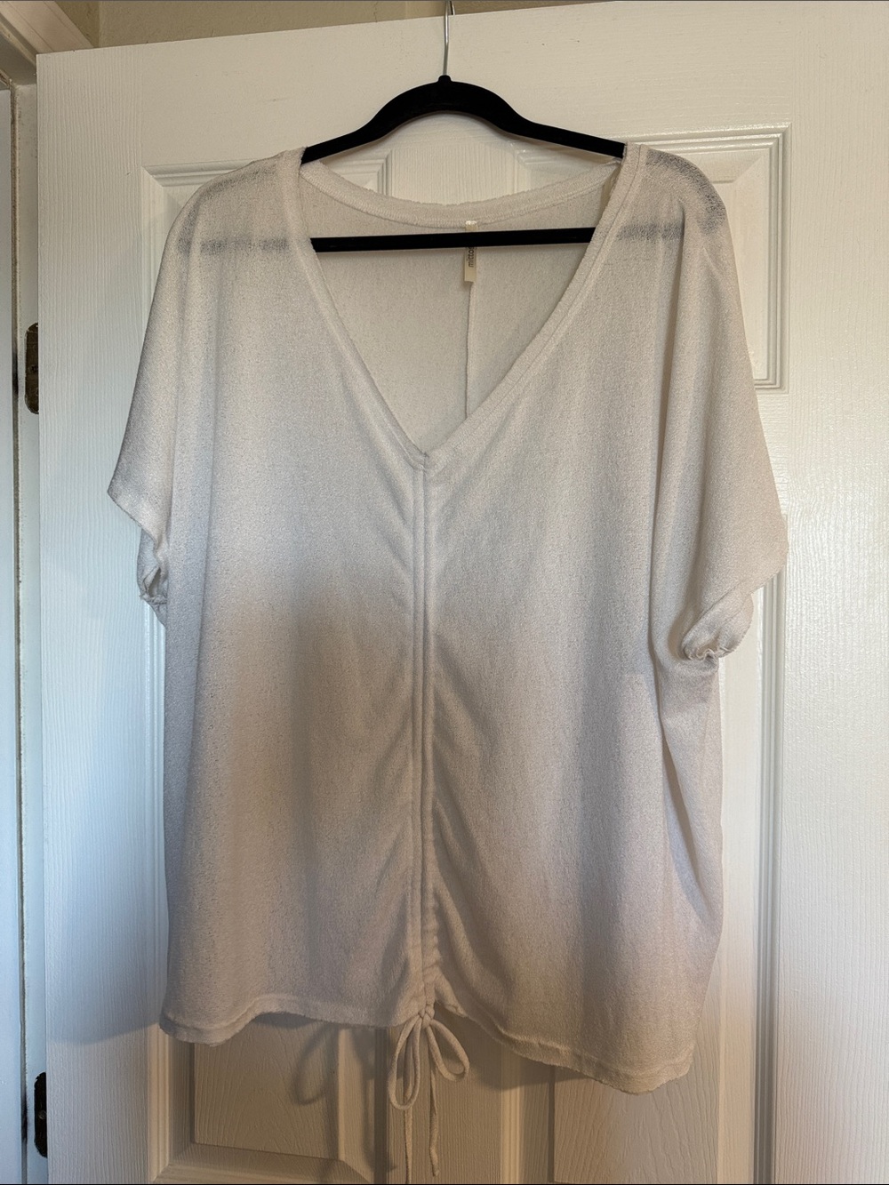 mittoshop White V-Neck Dolman Sleeve Tunic with Drawstring